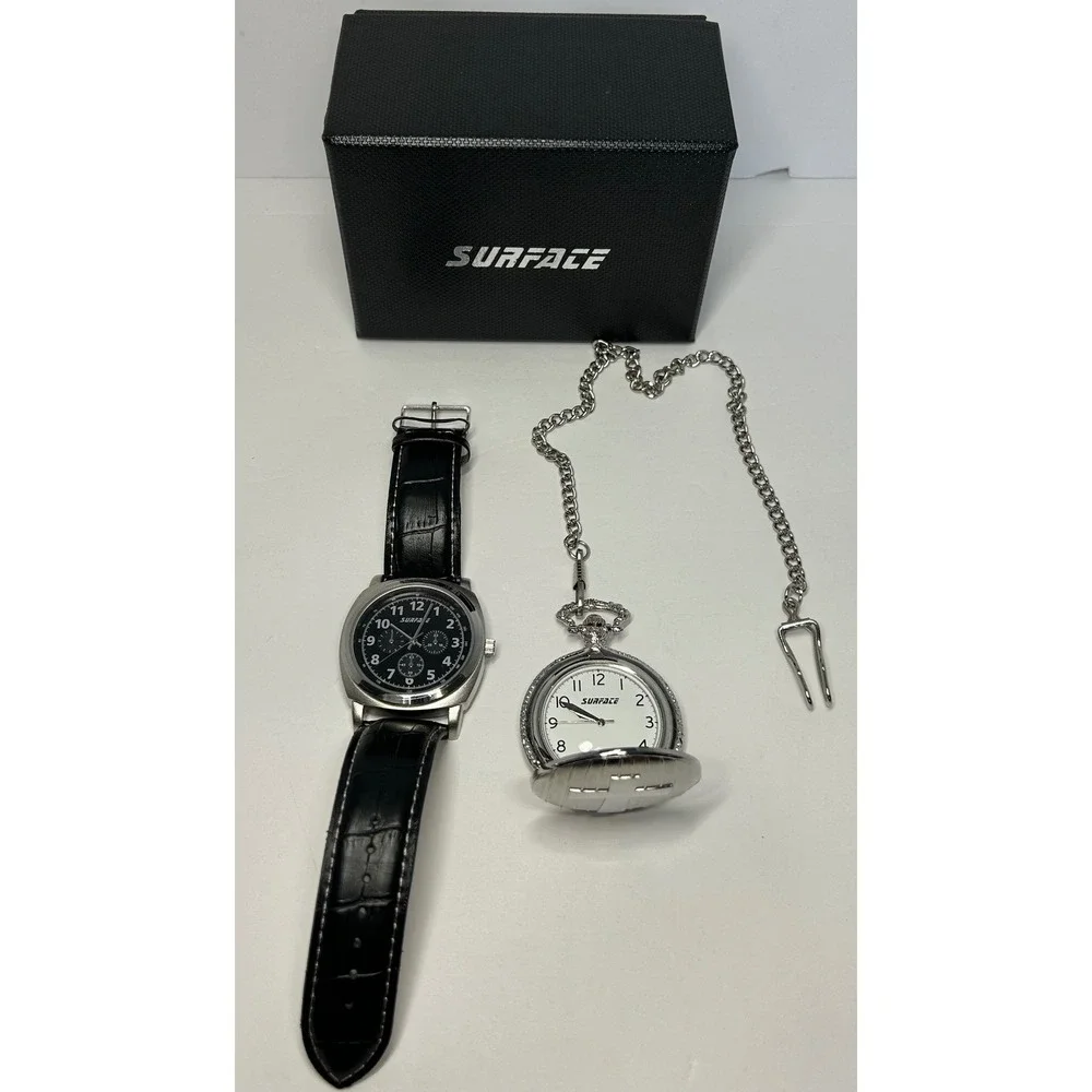 Surface Men's‎ Watch & Pocket Watch Set Black Leather Band Tachymeter Cross New